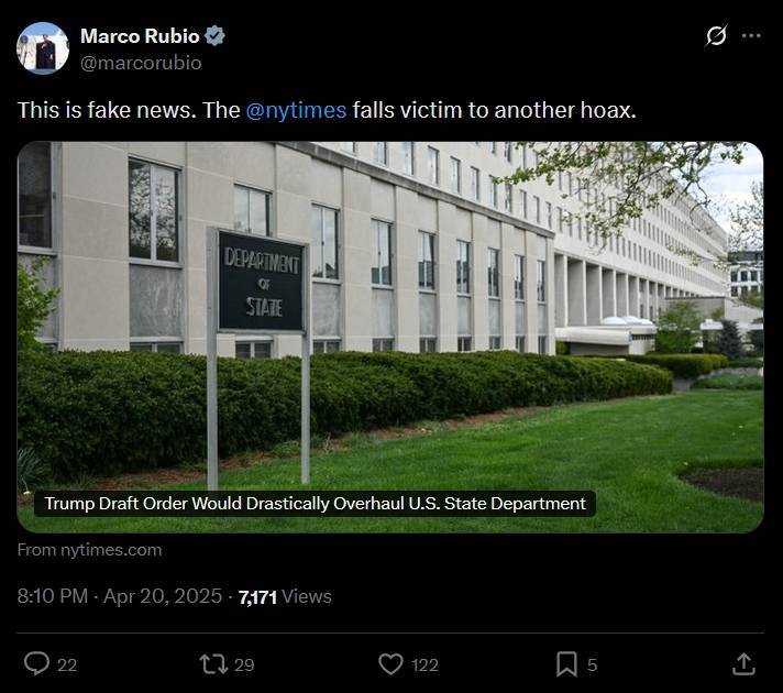 特朗普大刀砍向鲁比奥的国务院?“236年来最大重组之一”