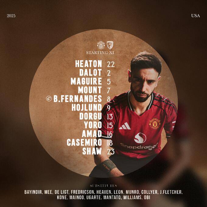 热身赛-曼联vs伯恩茅斯首发：霍伊伦、B费先发，芒特出战