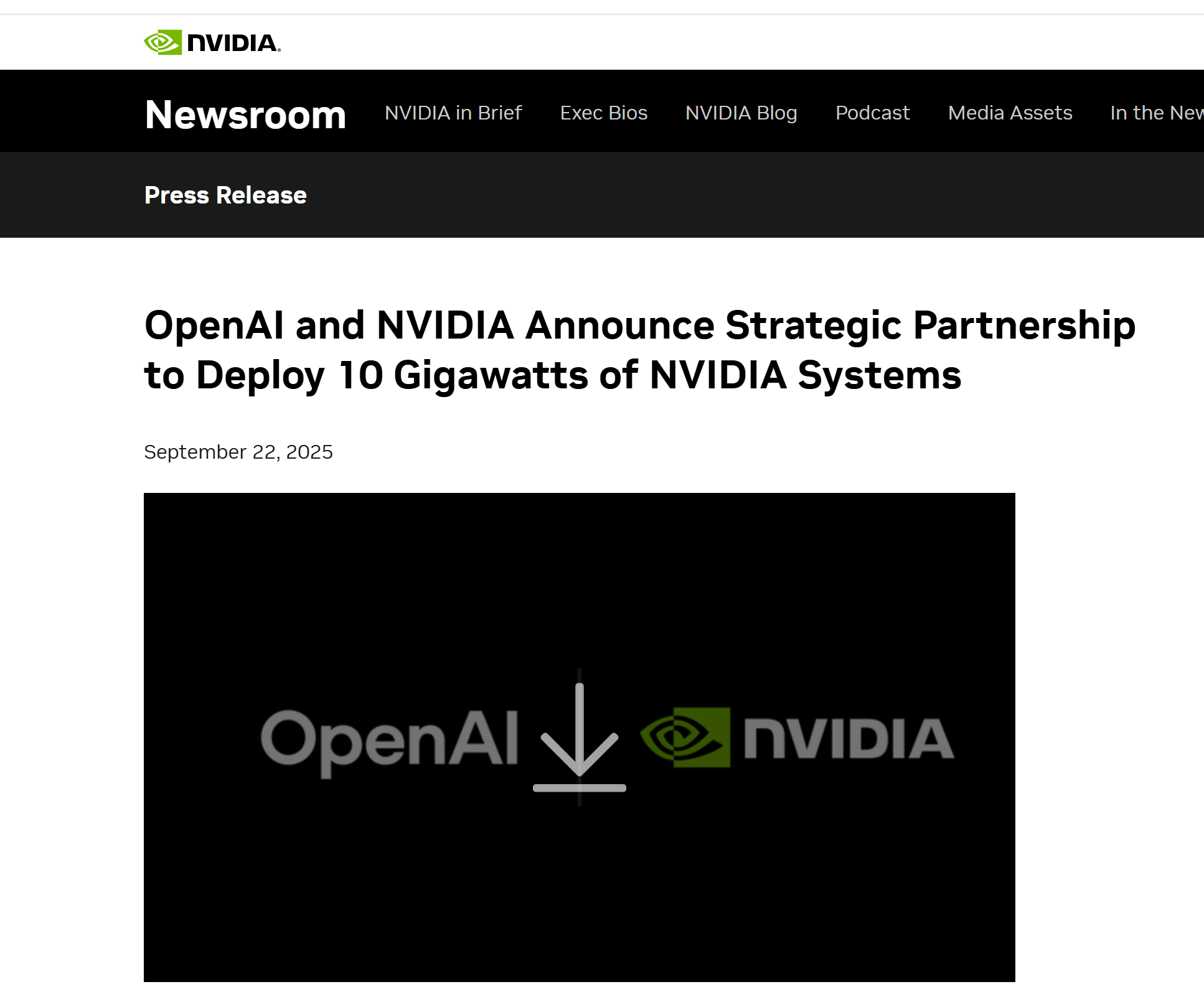 OpenAI与英伟达宣布合作伙伴关系意向书 英伟达将逐步向OpenAI投资至多1000亿美元